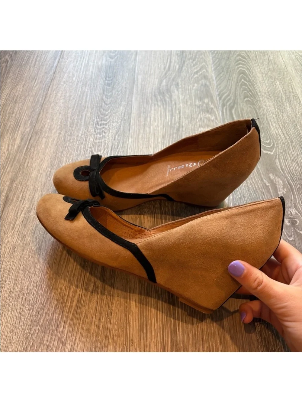 Jeffrey Campbell Tan Suede Wedges with Black Bow Accent